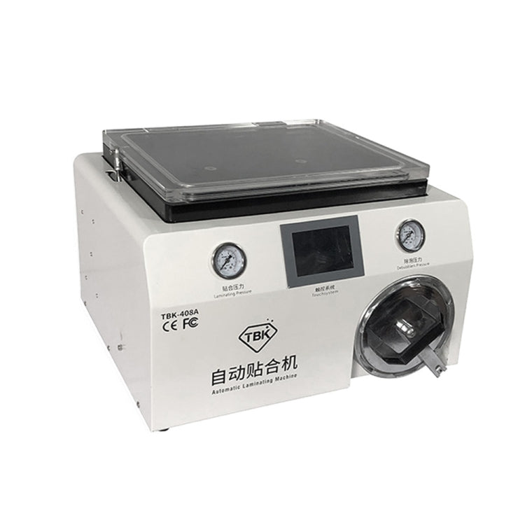 Máquina laminadora automática de pantallas LCD para teléfonos móviles de 15 pulgadas, TBK-408A, con cubierta transparente y eliminador de burbujas en autoclave.