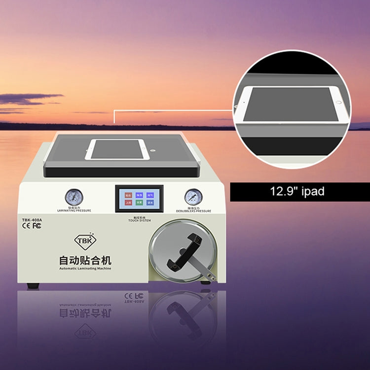 Máquina laminadora automática de pantallas LCD para teléfonos móviles de 15 pulgadas, TBK-408A, con cubierta transparente y eliminador de burbujas en autoclave.