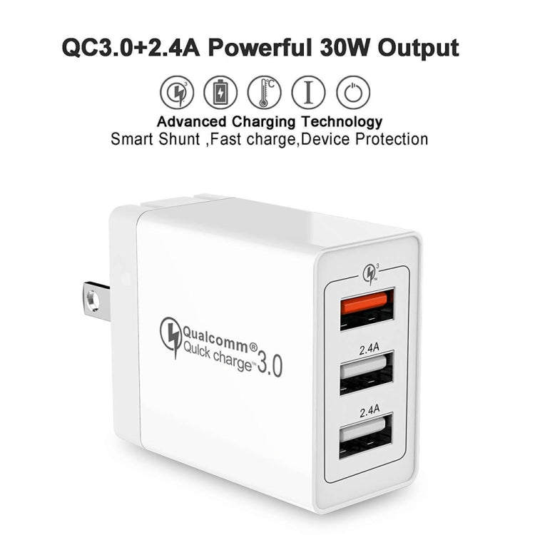 SDC-30W 2 in 1 USB to 8 Pin Data Cable + 30W QC 3.0 USB + 2.4A Dual USB 2.0 Ports Mobile Phone Tablet PC Universal Quick Charger Travel Charger Set,  US Plug, with 8 Pin Cable, US Plug