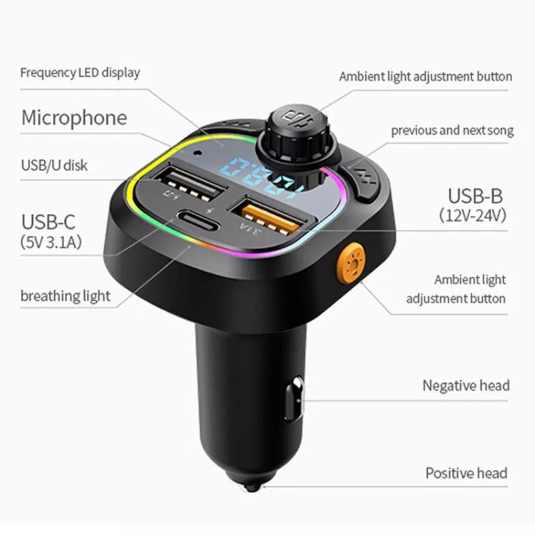 C28 Fast Charging Atmosphere Light Handsfree Car Kit Car Mp3 Player Stereo FM Transmitter, C28