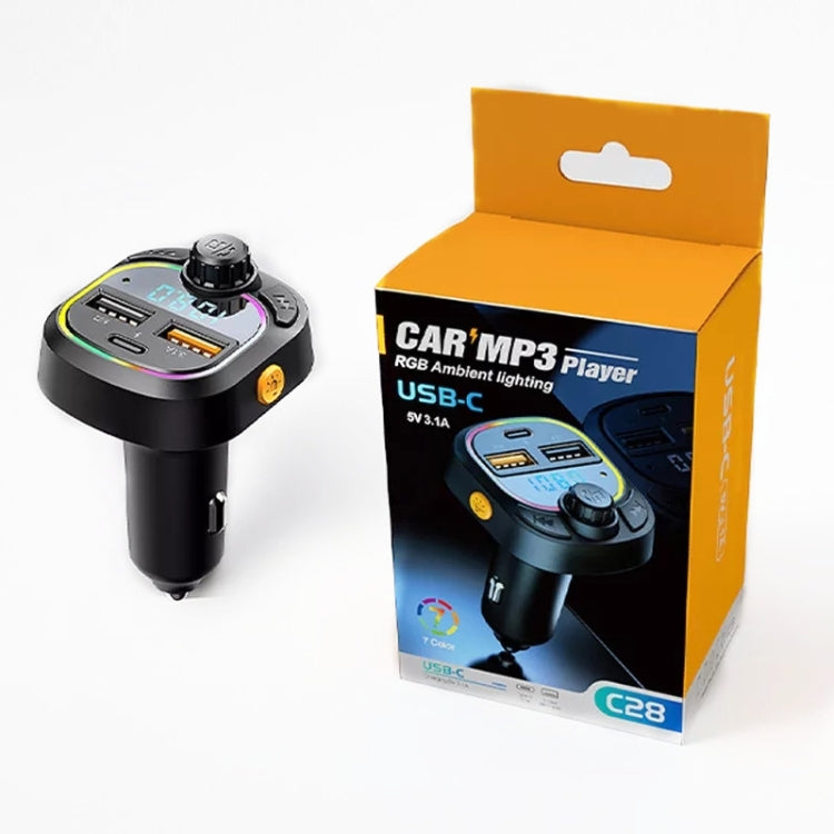 C28 Fast Charging Atmosphere Light Handsfree Car Kit Car Mp3 Player Stereo FM Transmitter, C28