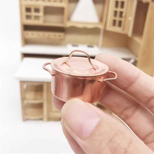 3 PCS Doll House Miniature Kitchen Copper Pot with Lid Children Educational Toys, Copper Pot