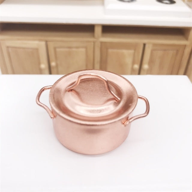 3 PCS Doll House Miniature Kitchen Copper Pot with Lid Children Educational Toys, Copper Pot