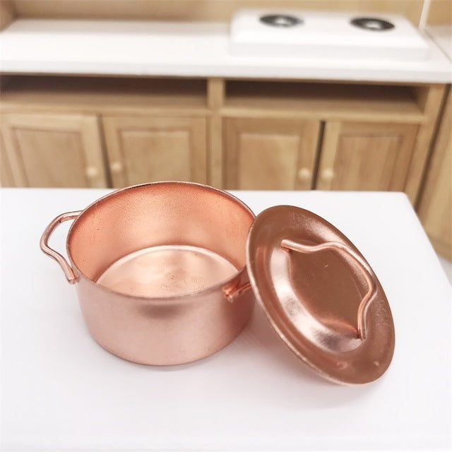 3 PCS Doll House Miniature Kitchen Copper Pot with Lid Children Educational Toys, Copper Pot