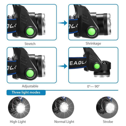 Lanterna de cabeça LED T6 com zoom e luz potente para pesca e campismo.
