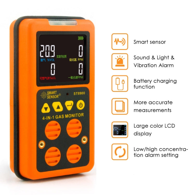 SMART SENSOR ST8900 4 in 1 Toxic Gas CO Carbon Monoxide Detector Hydrogen Sulfide H2S Oxygen Combustible Gas Test LCD Display Monitor, Sound Light Vibration Alarm