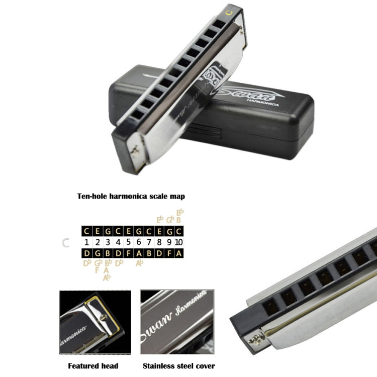 Swan 2 PCS 10 Holes Full-scale Bruce Harmonica Beginner Children Adult Students Playing Musical Instruments, Swan 10 Holes Bruce Harmonica