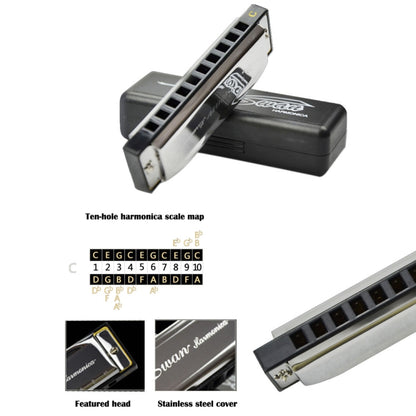 Swan 2 PCS 10 Holes Full-scale Bruce Harmonica Beginner Children Adult Students Playing Musical Instruments, Swan 10 Holes Bruce Harmonica