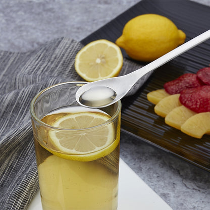 Colher em aço inoxidável com cabo longo para mexer café e gelado.