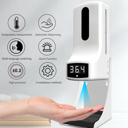 K9 Pro Handsfree Non-contact Body Light-sensitive Distance Sensor Thermometer + 1000ml Automatic Non-contact Liquid Soap Dispenser with Base Mount, K9 Pro