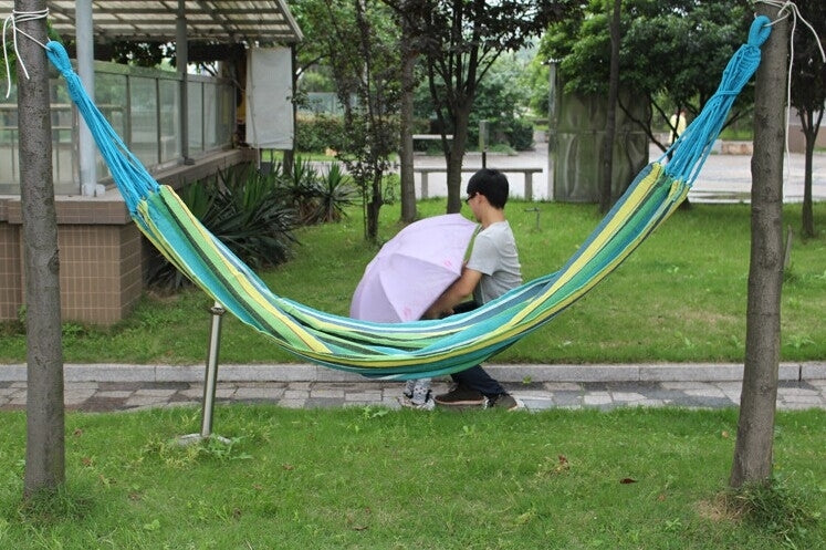 Stripe Outdoor Canvas Hammock Dual People Widening Swing Bed, Size: 190cm x 150cm, 190cm x 150cm (Blue), 190cm x 150cm (Red+Yellow), 200 x 150cm (Blue+Yellow)