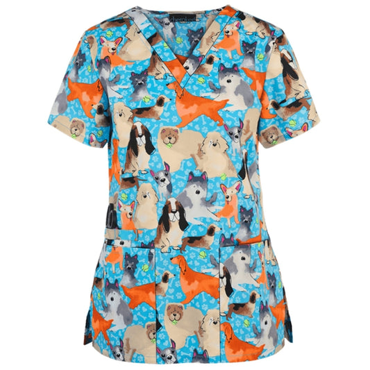 Loose Printed Hedging Thin T-shirt Nurse Uniform (Color:White Size:XXXL), S, M, L, XL, XXL, XXXL