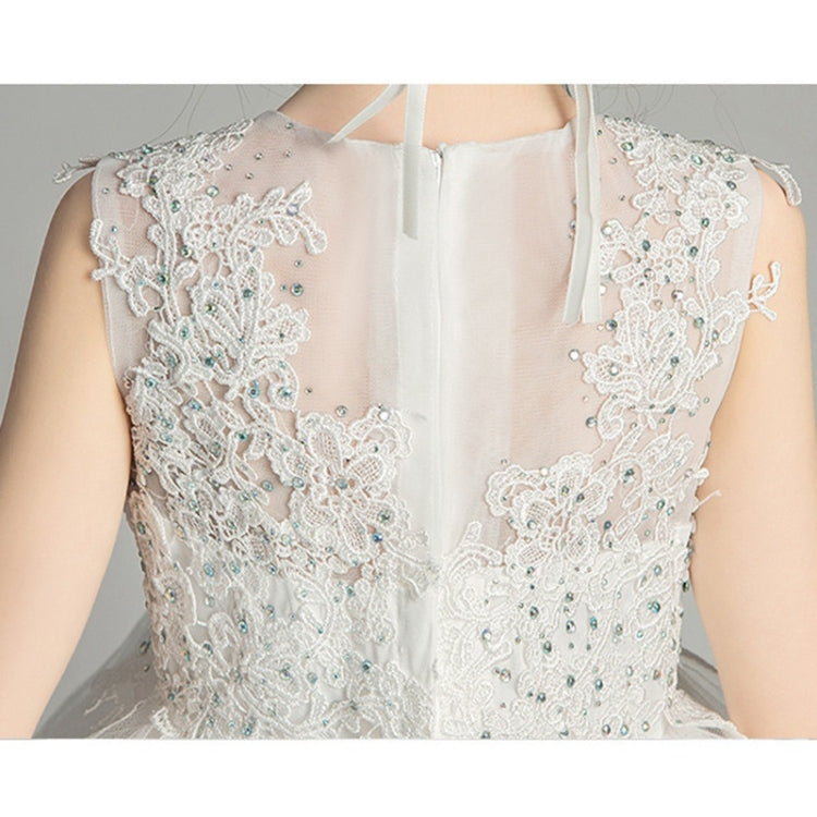 Vestido de princesa sem mangas com renda, curto à frente e comprido atrás, modelo saiote, ideal para apresentações formais. Disponível nos tamanhos 100cm, 110cm, 120cm, 130cm, 140cm, 150cm e 160cm.